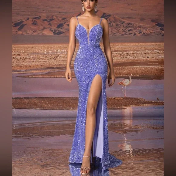 Luxe purple slit thigh sequins party dress - Picture 5 of 8